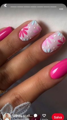 Flowers On Nails Design, Hot Pink Floral Nails, Lavender Nails, Gel Nail Designs