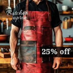 a man wearing an apron with the words butcher apron 25 % off