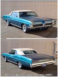 two pictures of a blue and white car in front of a building with the words pontiac convertible