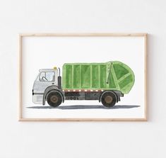 a watercolor painting of a green dump truck on a white wall above a wooden frame