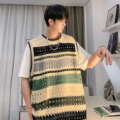 Advbridge Summer Sweater Vest Men Chic All-match Males Streetwear Beach Style Korean Fashion Cozy Knitwear College Unisex Daily Summer Sweater Vest, Crochet Stripes, Cozy Knitwear, Summer Sweater, Coat Women Fashion, Vest Men, Summer Sweaters, Style Korean, Mens Vest