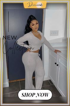 Long Sleeve V Neck Crop Top Full Pants Tracksuit Chic Two-piece V-neck Bottoms, Casual Two-piece Long Sleeve Pantsuit, Casual Long Sleeve Pantsuit For Night Out, Casual Long Sleeve Pantsuit For Party, Casual Fall Pantsuit For Night Out, Casual Pantsuit For Fall Night Out, Long Sleeve Pantsuit For Fall Loungewear, Two-piece V-neck Pant Set, Fitted V-neck Loungewear Sets