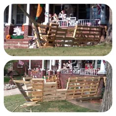 two pictures of a wooden bench in front of a house with people sitting on the porch