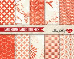 an assortment of orange and white digital paper designs with fish, flowers, and geometric shapes