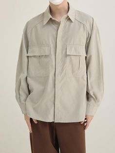 Zhou Drop Shoulder Flap Pocket Shirt-korean-fashion-Shirt-Zhou's Closet-OH Garments Drop Shoulder Shirt, Oversized Button Down Shirt, Collarless Shirt, New Pant, Pocket Shirt, Slim Fit Shorts, Korean Street Fashion, Sweaters Knitwear, Shirt And Pants