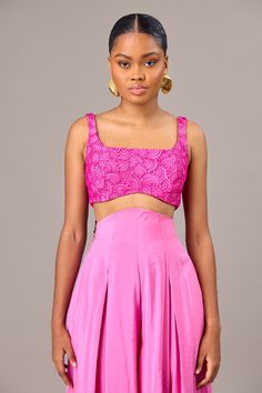 HAND-EMBROIDERED SLEEVELESS CROP TOP Material: Polyester Care: Dry clean for best results Model is wearing UK10 Pink Silk Sleeveless Set, Sleeveless Pink Silk Blouse, Pink Sleeveless Silk Top, Pink Sleeveless Padded Top, Pink Sleeveless Padded Blouse, Christie Brown, Sleeveless Crop Top, Samara, Dress Pant