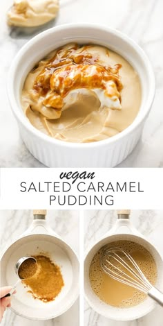 the ingredients to make vegan salted caramel pudding are shown in separate bowls