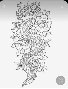 a dragon and flowers tattoo design on a white background