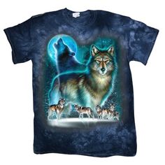 Decked-Out-Duds Tie Dyed Shirts Size: M.  Color: Blue.  Gender: male.  Age Group: adult.  Pattern: graphic. Blue Hand Dyed Short Sleeve T-shirt, Hand Dyed Blue Short Sleeve T-shirt, Moon Graphic Tee, Animal Sweater, Moon Graphic, Wolf Shirt, Tie Dye Outfits, Wolf Moon, Wolf T Shirt