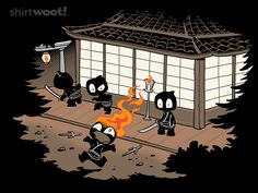 cartoon characters in front of a building with fire coming out of the ground and swords sticking out of it