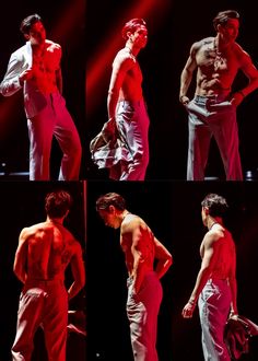 four different shots of a man in red and white clothing with his hands on his hips