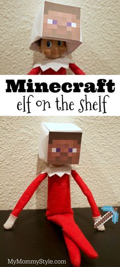 an elf is sitting on top of a shelf with the text, minecraft elf on the shelf