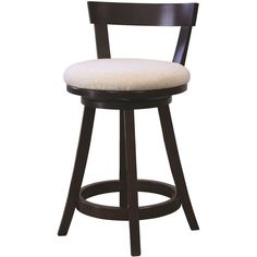 a black stool with a white cushion on it's seat and backrest, in front of a white background