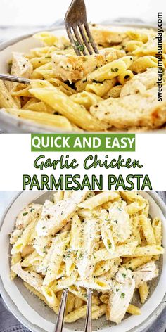 chicken parmesan pasta in a white bowl with a fork and text overlay that reads quick and easy garlic chicken parmesan pasta