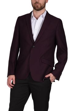 Add a professional edge to your look in this classic slim fit blazer.Fit: this style fits true to size. . Slim fit. Peak lapel. Long sleeves with 4 non-functional buttons. Front button closure. Chest welt pocket; front flap pockets. Interior pockets. Side vents. Burgundy fabric construction. Partially lined. Approx. 30" length . Imported Dry clean 80% Polyester, 18% Rayon, 2% Spandex Professional Slim Fit Blazer For Office Wear, Fitted Burgundy Office Blazer, Notch Lapel Burgundy Blazer For Office, Burgundy Notch Lapel Blazer For Office, Burgundy Blazer With Suit Collar For Work, Burgundy Fall Suit For Workwear, Winter Slim Fit Blazer For Office Wear, Winter Slim Fit Office Wear Blazer, Winter Slim Fit Office Blazer