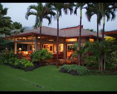 the house is surrounded by palm trees and lush green grass