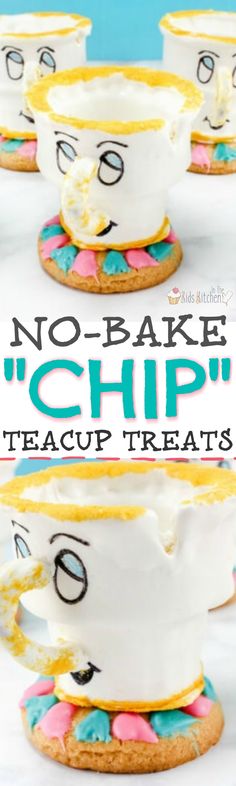 no - bake teacup treats with face drawn on them and text overlay