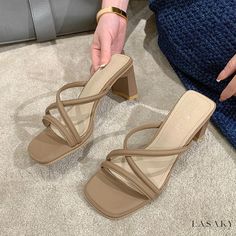 Lasaky - Simple Cross-Strap High Heel Sandals with Chunky Heel and Elegant Design Simple Cross, Floral Flats, Embellished Flats, Elegant Heels, Shoe Sole, Leather Slide Sandals, Mesh Shoes, Fashion Sandals, Pointed Toe Flats