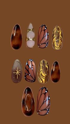 Cut outs of nails with tortoise shell print, butterfly wing, and gold designs Nails For Fall Autumn, Brown And Gold Nails, Autumn Butterfly, Nails For Fall, Brown Nails Design, Fake Nails Designs, Butterfly Nails, Hello Nails, Punk Nails