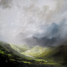 an oil painting of green hills under a cloudy sky