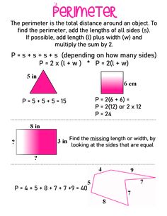 the perimeter is the total distance around an object to find the perimeter, add the lengths of all sides e