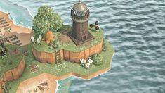 an island with a lighthouse on top of it in the middle of the ocean, surrounded by trees and other animals