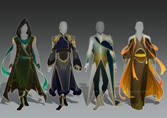 four different types of costumes on mannequins, each with hood and cape