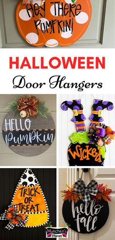 halloween door hangers with the words diy there pumpkins on them and other decorations