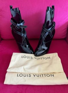 Louis Vuitton Women's Black Patent Leather Eternal Heeled Ankle Boots Size 38  | eBay Louis Vuitton Black, Cork Crafts, Pull On Boots, Leather Boot, Leather Pulls, Heeled Ankle Boots, Black Patent Leather, Wrap Around, Shoes Women Heels