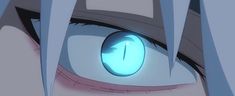 an anime character's eye is shown with blue light shining through the irises