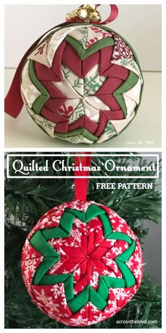 christmas ornament made out of fabric, with the words quilted christmas ornaments on it