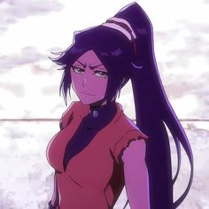 an anime character with long black hair wearing a red shirt and purple pants, standing in front of snow covered ground