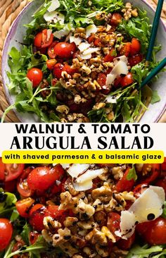 quartered cherry tomatoes, shaved parmesan, walnuts and fresh arugula with a balsamic glaze drizzled over the top in a salad bowl Tomato Arugula Salad, Salad With Walnuts, Pork Ragu, Arugula Recipes, Main Salad, Shaved Parmesan, Clean Eating Salads, Rocket Salad, Lemon Zucchini