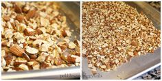 two pictures showing the process of making homemade granola in an oven and then being mixed with almonds