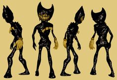 three different types of alien standing next to each other in black and yellow colors on a beige background