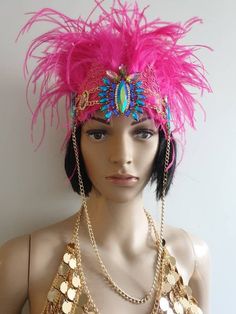 A hand made jewelled headpiece with beautiful pink ostrich feathers perfect for burning man I have one ready made to send out straight away ! Head Band Diy, Pink Ostrich Feathers, Jewelled Headpiece, Carnaval Outfit, Pink Warrior, Burning Man Costume, Feather Headpiece, Chain Bra, Personalized Hats