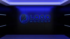 an empty room with blue lighting and the logo mockup