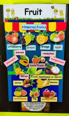 a bulletin board with fruits and words on it