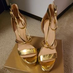 Never Been Worn, Brand New Only Maker Heels. Gold Platform Heels With Almond Toe, Gold Almond Toe Heels With Heel Loop, Gold Synthetic Heels With Almond Toe, Gold Almond Toe Heels In Synthetic Material, Heels Prom Black, Quinceanera Shoes, Quinceanera Nails, Heels Prom, Gold Platforms