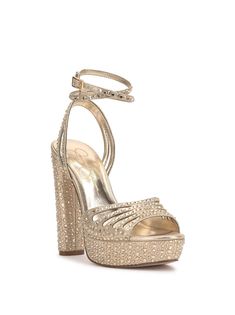 Product Description Rhinestone Platform Sandal Product Details Heel Height: 4.9" Platform Height: 1.2" Polyester Imported Gold Embellished Sandals For Gala, Gold Open Toe Sandals For Reception, Glamorous Bedazzled Gold Sandals, Glamorous Gold Bedazzled Sandals, Glamorous Open Toe Sandals For Reception, Platform Sandals, Champagne, Heel Height, Product Description