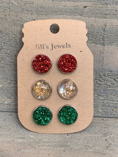 Red, Green and Gold Christmas Faux Druzy Earring 3 Set - Jill's Jewels | Unique, Handcrafted, Trendy, And Fun Jewelry Glitter Round Jewelry As Gift, Round Glitter Jewelry As Gift, Round Glitter Jewelry For Gifts, Red Green And Gold Christmas, Green And Gold Christmas, 3 Earrings, Christmas Ring, Druzy Earrings, Christmas Earrings