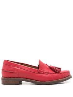 Rive Droit leather loafers from SARAH CHOFAKIAN featuring light red, leather, tassel detail, branded leather insole, round toe, slip-on style and flat sole. Les Miserables, Feature Light, Leather Tassel, Fashion Flats, Leather Loafers, Light Red, Loafer Shoes, Flat Shoes Women, Red Leather