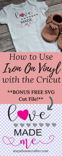 an image of baby clothes and shoes with the text how to use iron on vinyl with the cricut