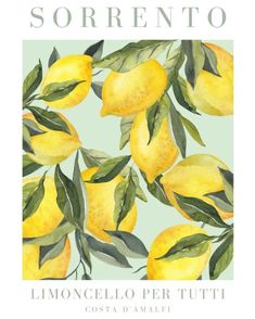 a painting of lemons and leaves on a green background with the words sorrento