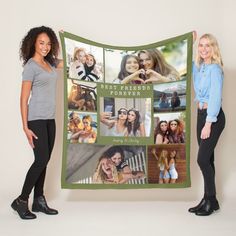 two beautiful women holding up a blanket with photos on it that says best friends forever