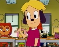 a cartoon character is standing in front of a table with stuffed animals and other toys