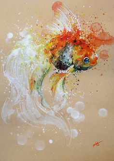 a painting of a goldfish with watercolors on it's back side