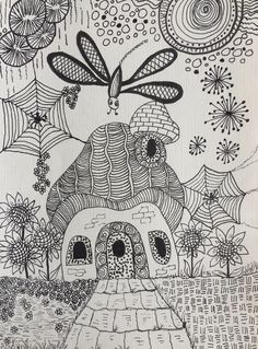 a drawing of a house with spider webs on it