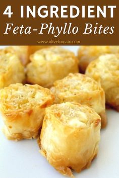 four ingredient feta - phyllo bites on a white plate with text overlay