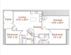 the floor plan for a two bedroom apartment with an attached bathroom and living room area